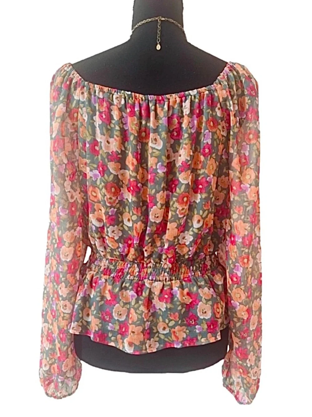 LC LAUREN CONRAD ~ Floral Sheer Long Sleeve Blouse Pink and Orange Drop Waist